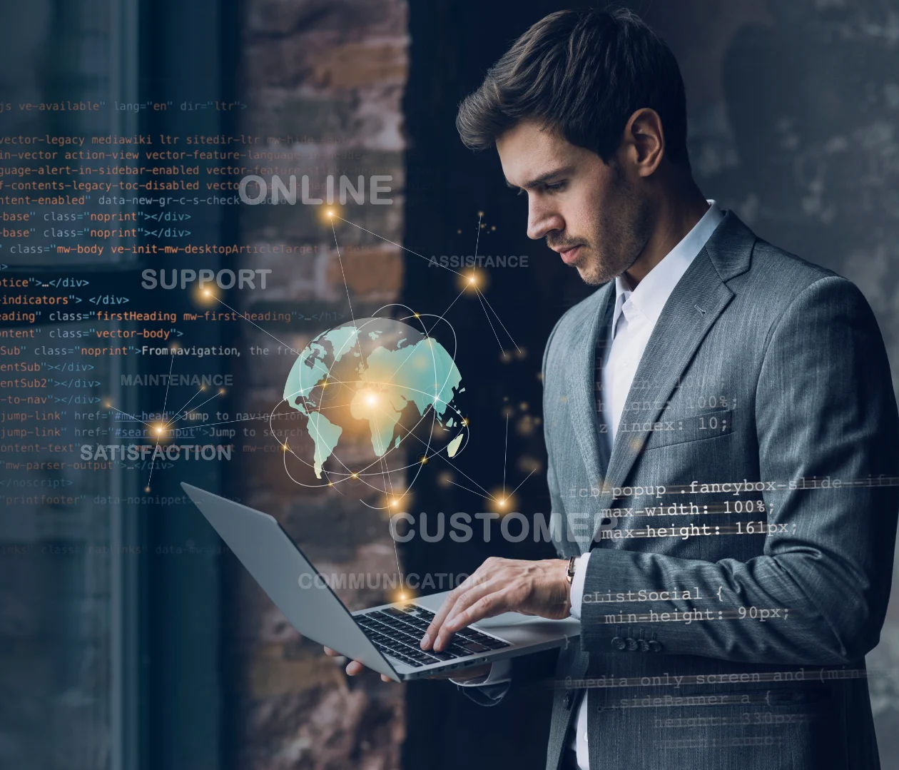 Professional man in a suit working on a laptop with digital graphics overlay showing global connections, representing the experience and expertise of SEO professionals at Zero Dimensions in providing comprehensive SEO outsourcing services, including technical SEO, content creation, and strategy development.