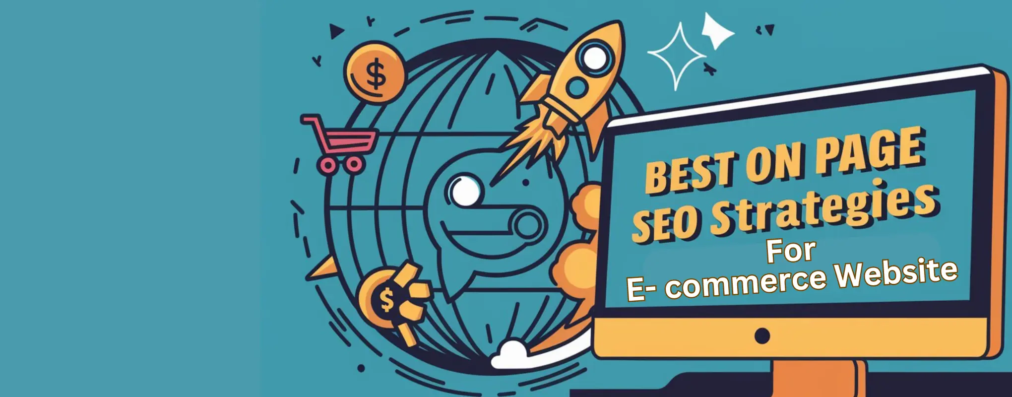 Illustration featuring a globe, a shopping cart, a dollar sign, and a rocket with a computer screen displaying "Best On-Page SEO Strategies for E-commerce Websites," emphasizing SEO techniques for online retailers.