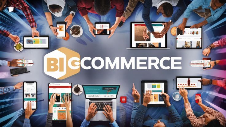 Top view of multiple people using laptops and tablets around a BigCommerce logo, showcasing the platform's built-in SEO features and tools.