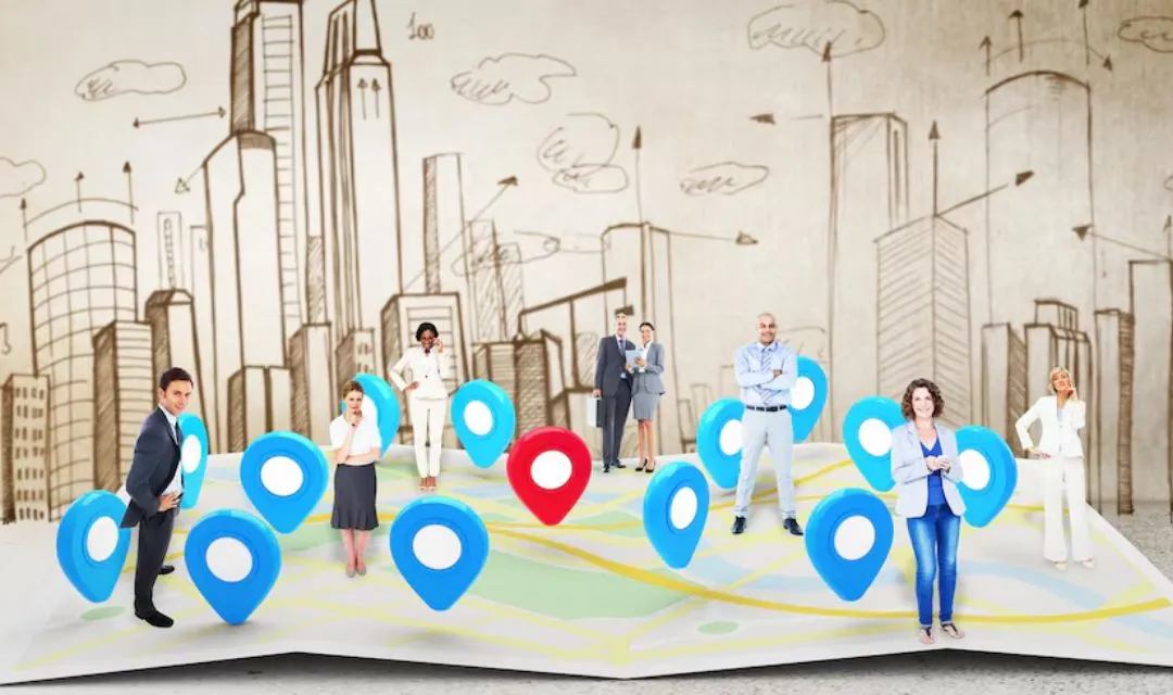 A group of diverse professionals standing on a stylized map with blue and red location pins, representing a successful local SEO strategy to increase visibility for a Los Angeles real estate agent in search engine results and attract local clients.