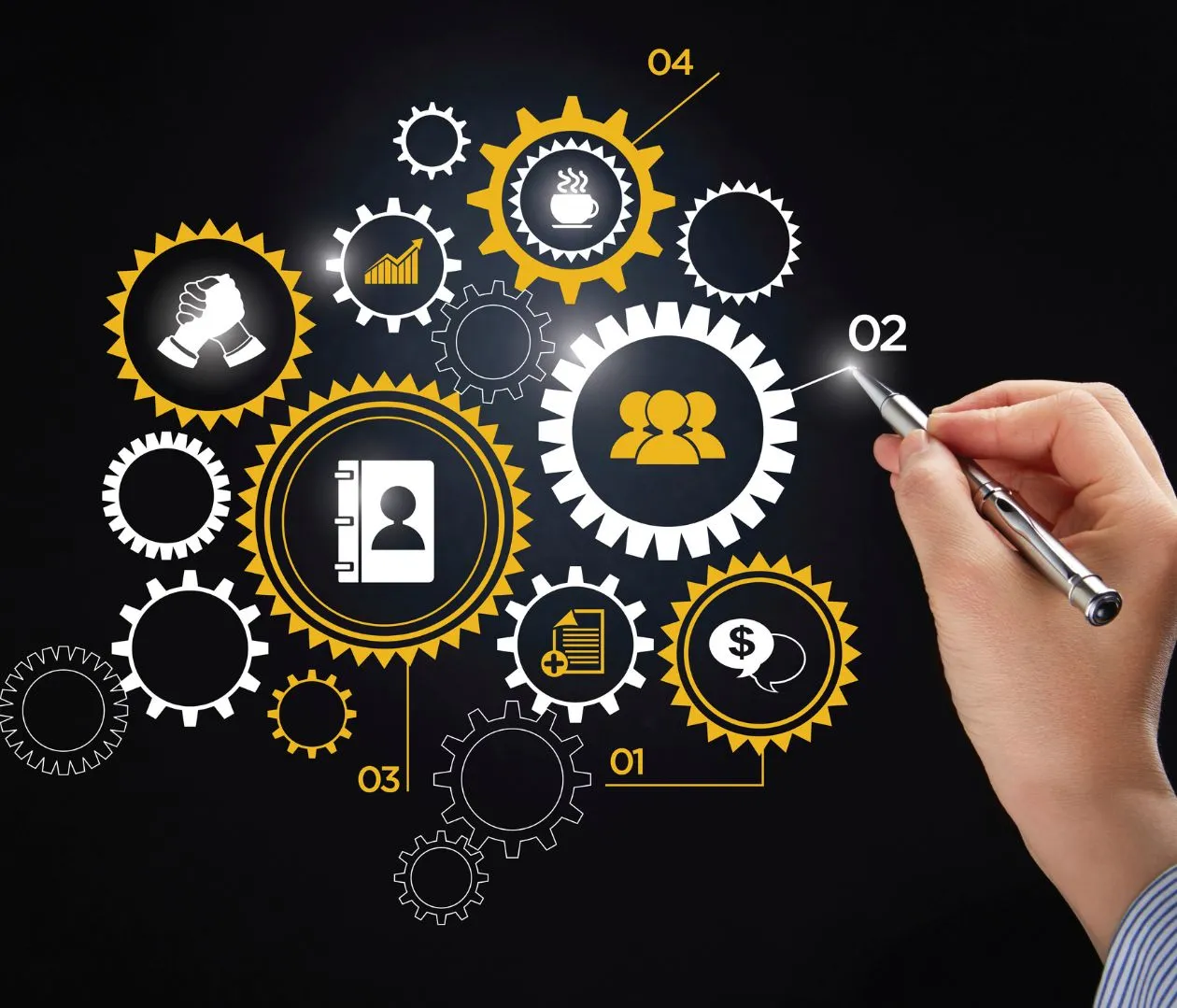 Hand drawing interconnected gears with various icons representing different aspects of SEO strategies, illustrating customized SEO plans for law firms to achieve long-term growth and increased visibility.