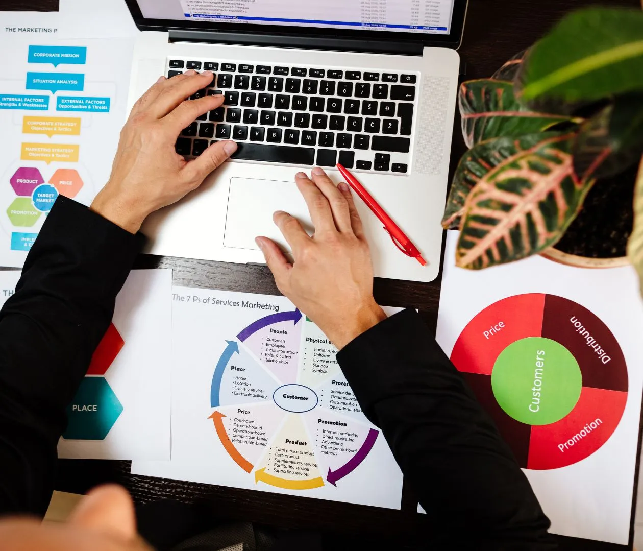 A person working on a laptop with marketing strategy documents, including charts on SEO and customer targeting, highlighting the process of keyword research and optimization for real estate agents.