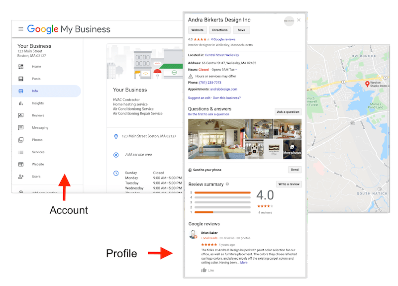 Screenshot showing a Google My Business account setup and profile page for a local business, highlighting the importance of local SEO for ecommerce. The image includes business details, customer reviews, and a map, demonstrating strategies to improve local visibility and attract nearby customers.