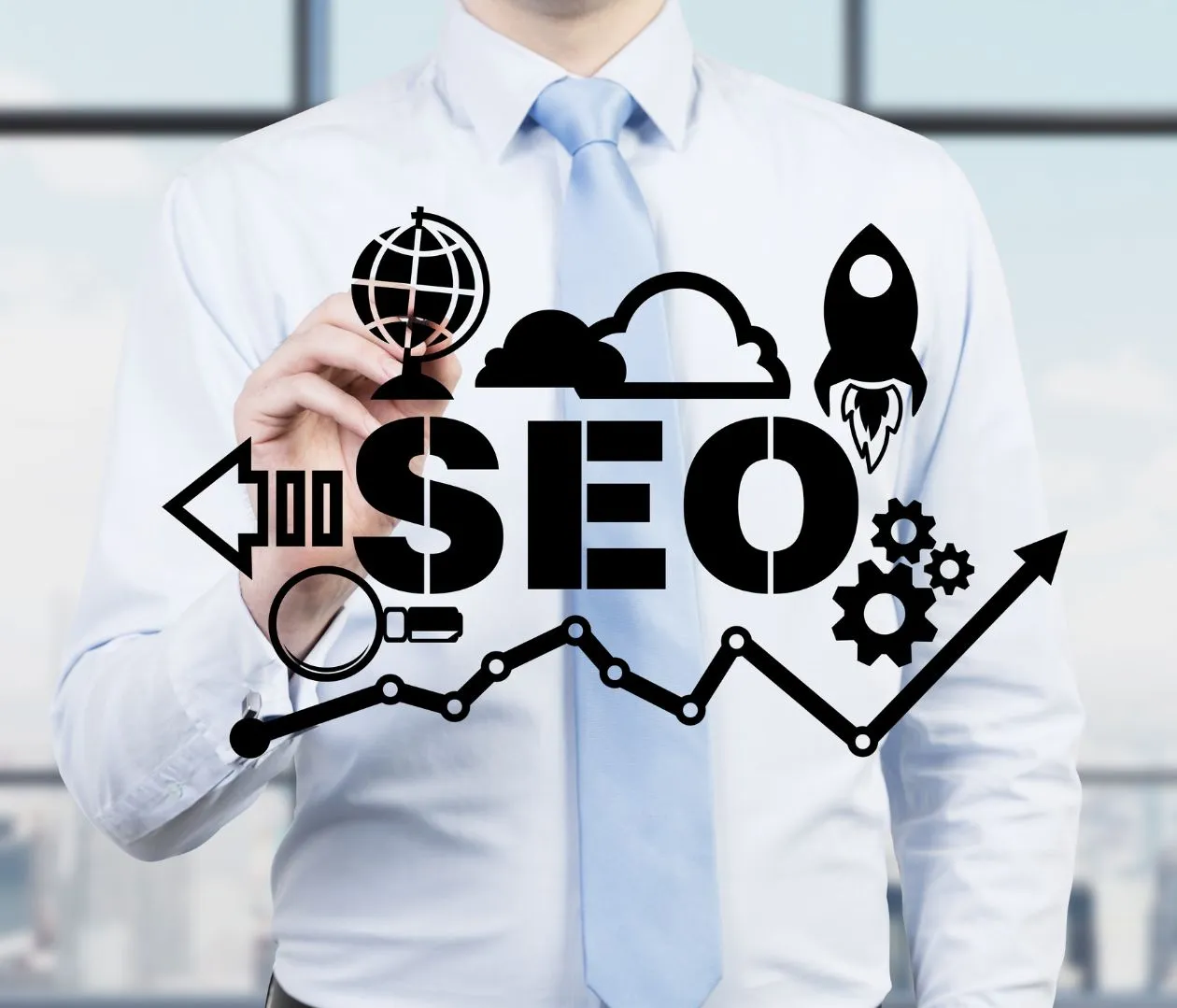 Businessman in a white shirt drawing SEO-related icons, such as a globe, rocket, magnifying glass, and gears, representing the process of tracking and optimizing local SEO performance for dentists to enhance search visibility.