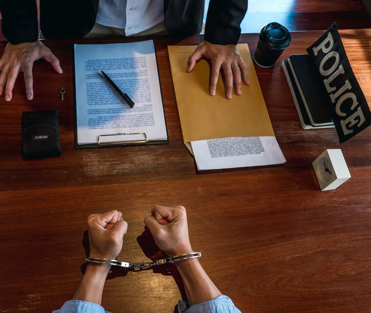 Overhead view of a police interrogation room with a suspect in handcuffs and legal documents on the table, highlighting SEO strategies for criminal defense law firms to attract clients through targeted local searches and high-intent keywords.