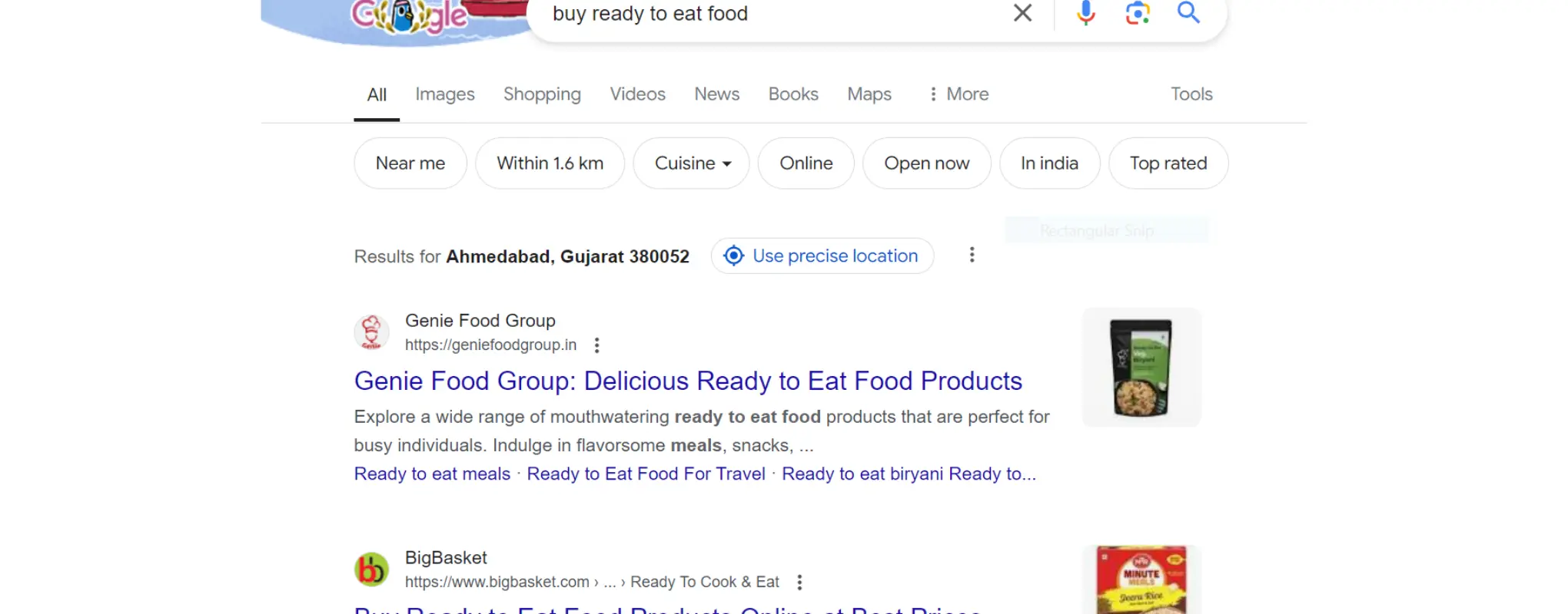 Google search results page showing listings for "buy ready to eat food" with top results including Genie Food Group and BigBasket, highlighting ecommerce SEO strategies.