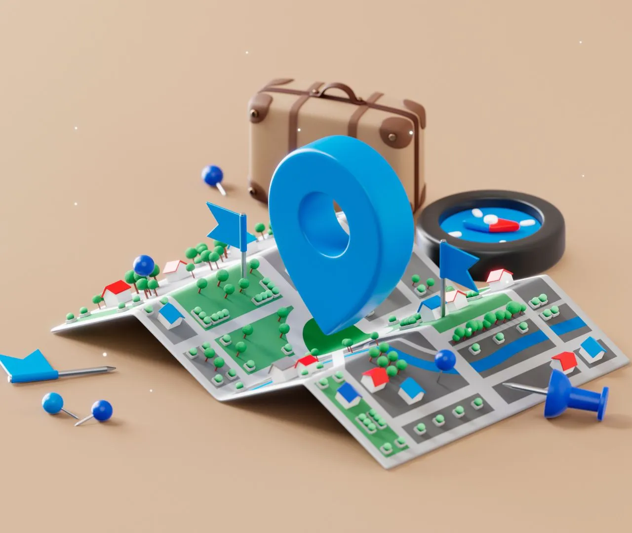 3D illustration of a city map with a large blue location pin, small flags, and a compass, symbolizing targeted local SEO strategies for real estate agents to improve visibility in geographic-specific search results.