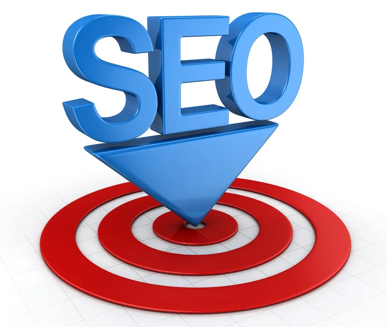 The word "SEO" in blue 3D letters with an arrow pointing down onto a red target, representing a focus on local SEO strategies to improve visibility and attract nearby patients to dental practices.