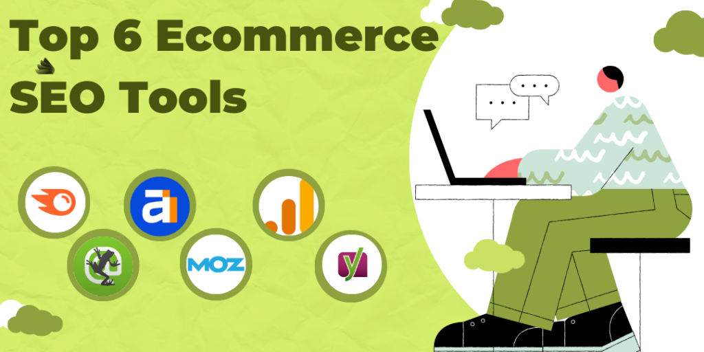 Illustration of various SEO tools and dashboards, emphasizing the importance of ecommerce SEO tools for optimizing online stores and improving search engine visibility.