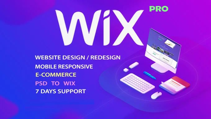 Group of individuals using laptops and tablets around the Wix logo, emphasizing the platform's user-friendly SEO Wiz tool and features for small businesses.