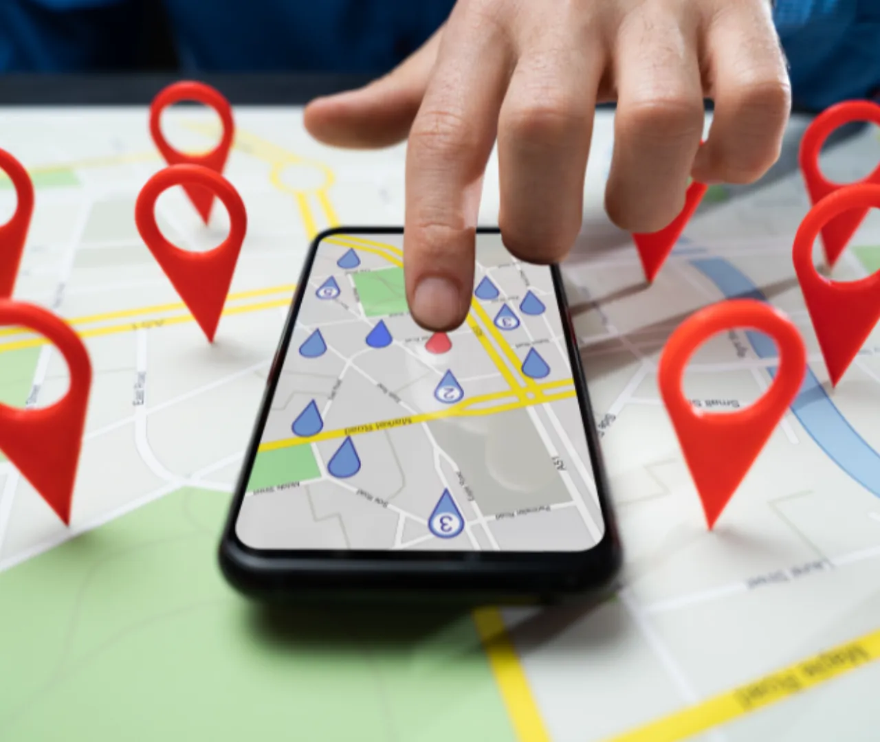 Close-up of a hand pointing to a smartphone displaying a digital map with location markers, illustrating the importance of local SEO services for increasing a business's visibility in specific geographic locations using NetSuite.