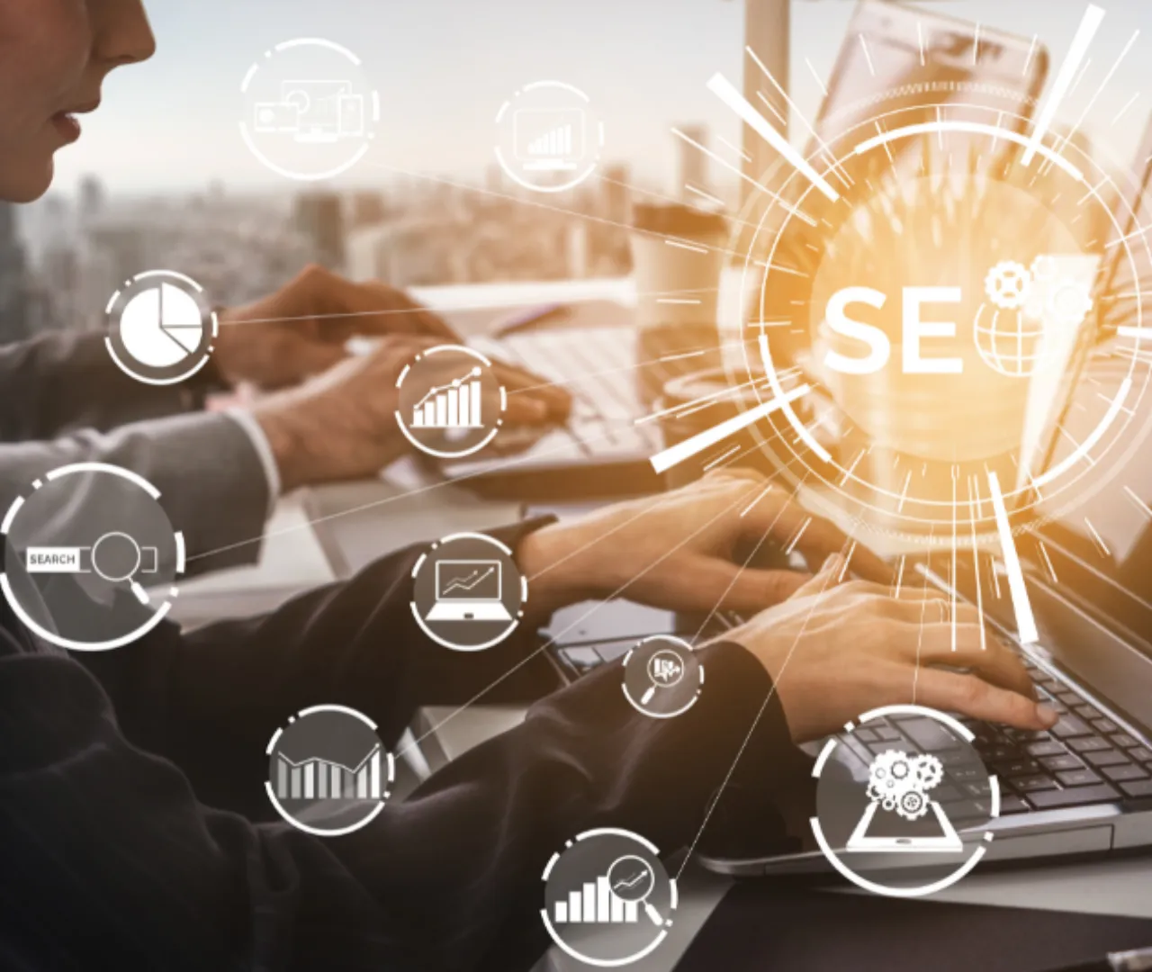 SEO professionals working on laptops to optimize a NetSuite website, focusing on on-page elements like meta tags, headers, and content for improved search engine rankings. Digital icons representing SEO strategies overlay the image.