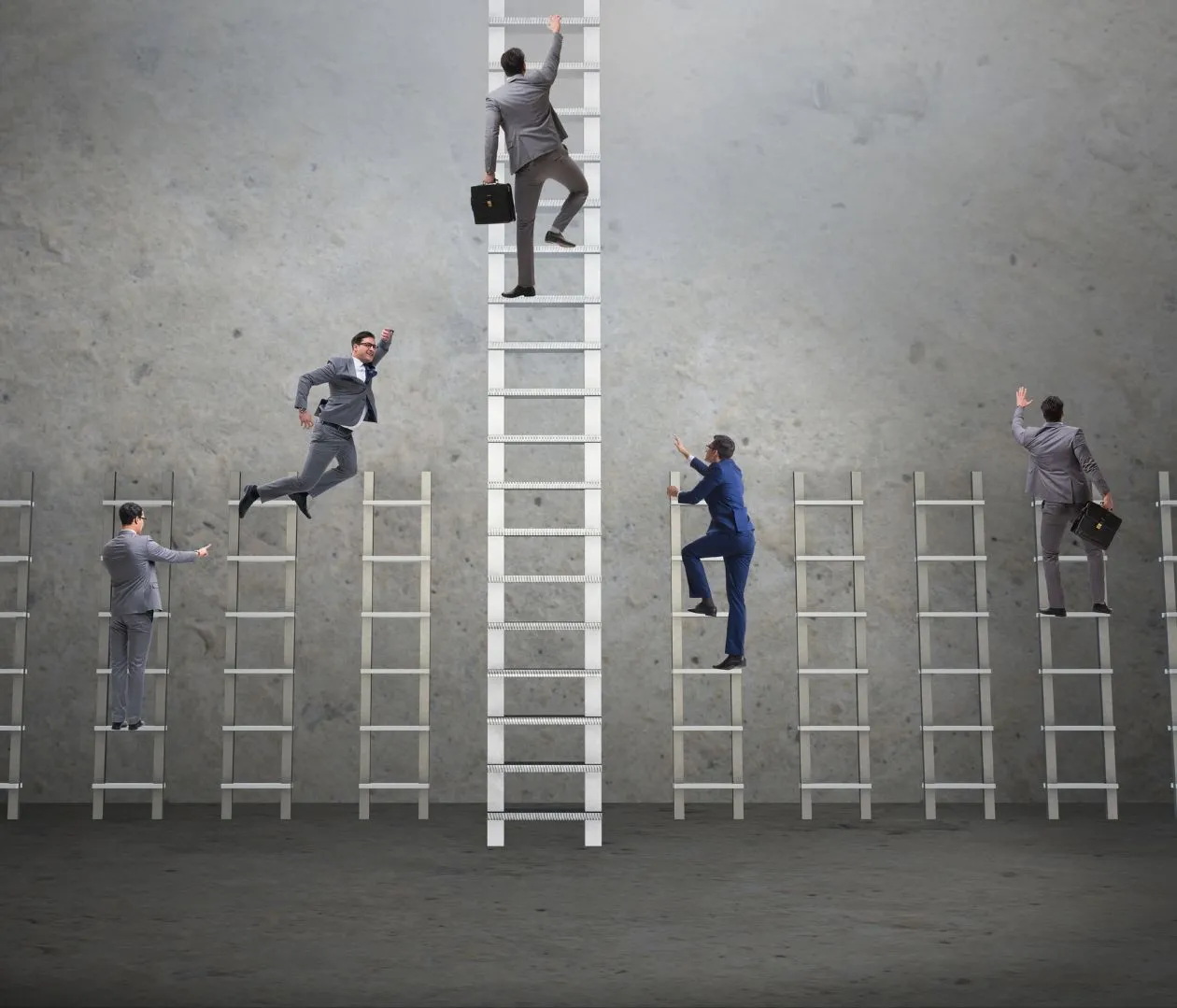 Several businessmen in suits climbing ladders of different heights, symbolizing the competitive advantage gained through superior NetSuite SEO strategies to surpass competitors in the market.