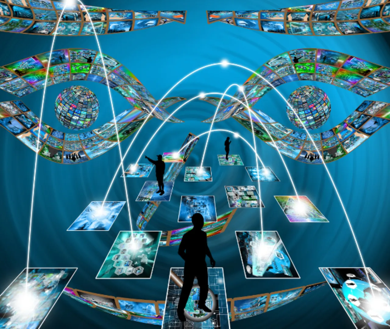 Abstract digital representation of link-building with silhouettes of people interacting with a network of connected screens and visual elements, symbolizing the creation of high-quality backlinks and online relationships to enhance NetSuite SEO.