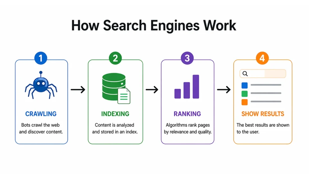 Search engines follow a clear process to show results. First is crawling. Bots scan your website and find pages. If your site is not accessible, it will not be found. Second is indexing. Pages are stored in a database. If a page is not indexed, it cannot appear in search results.